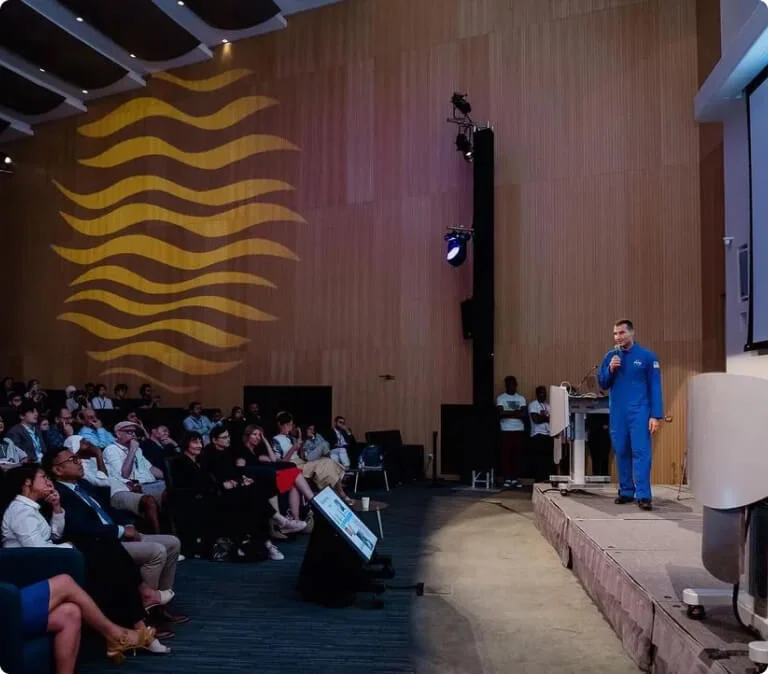 Loay Elbasyouni speaking to an audience at New York University Abu Dhabi.